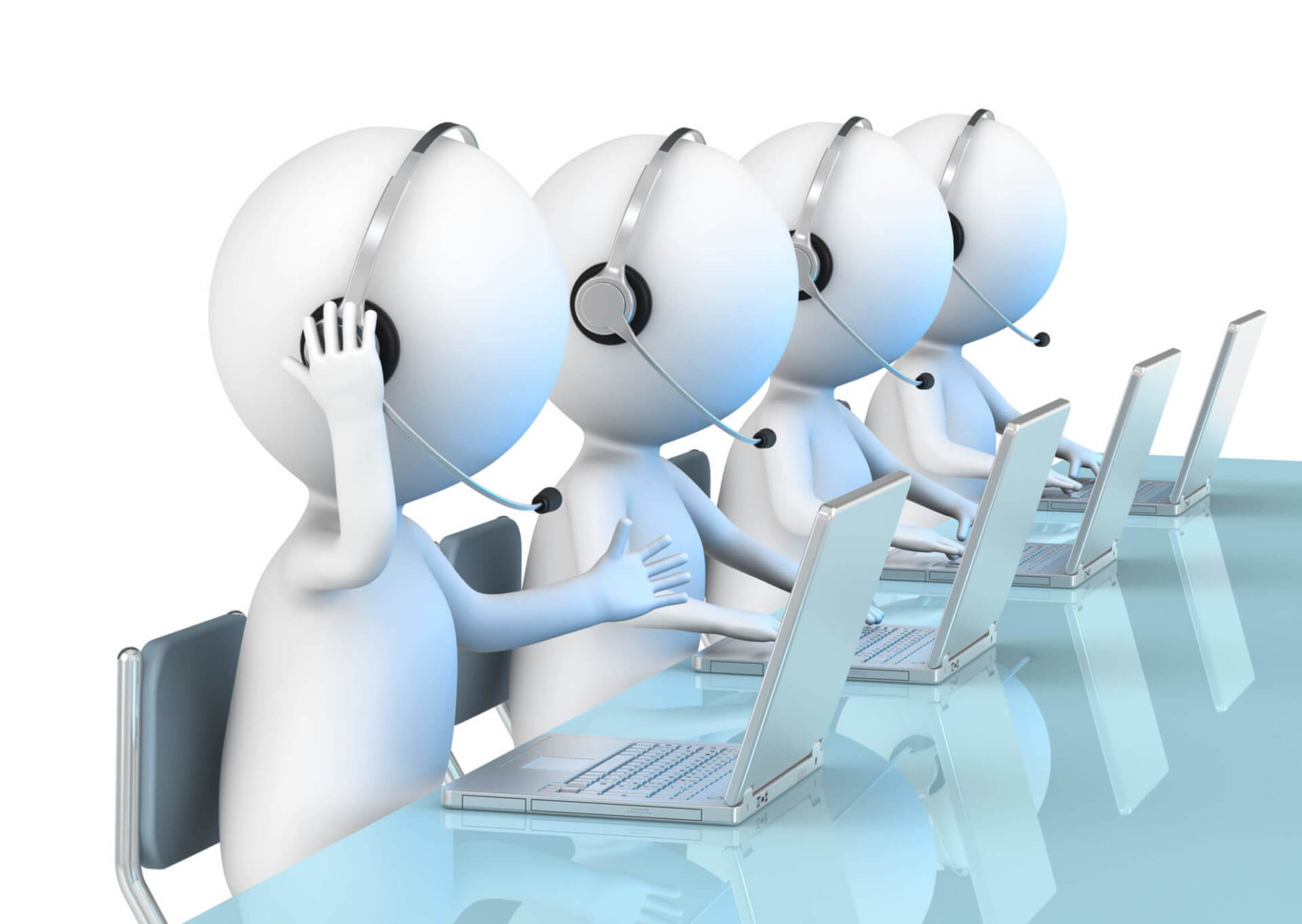 Call Center. 3D little human character X 4 in a Call Center.